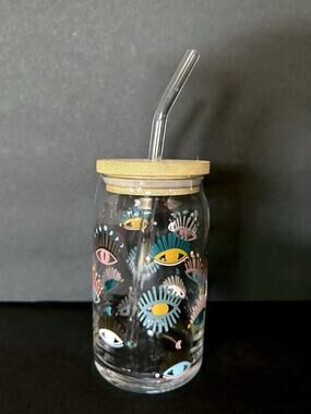 Wandering Moon Evil Eye Glass Iced Coffee Cup Turkish Eye Glass Straw 16oz Boho